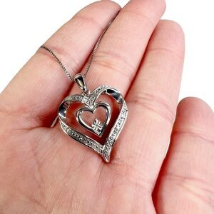 Diamond Double Heart Sterling Silver Box Chain Pendant Necklace